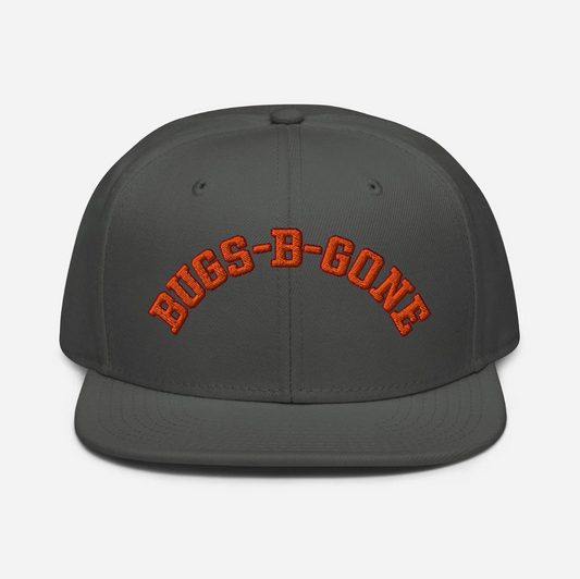 a grey and orange hat with the word bugs - b - gone on it