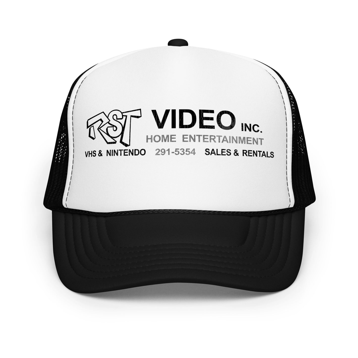 A 70s style retro black and white trucker hat. Says "RST Video Inc. Home Entertainment", "VHS & NIntendo", "Sales & Rentals", with the number "291-5354". Referencing the movie Clerks.