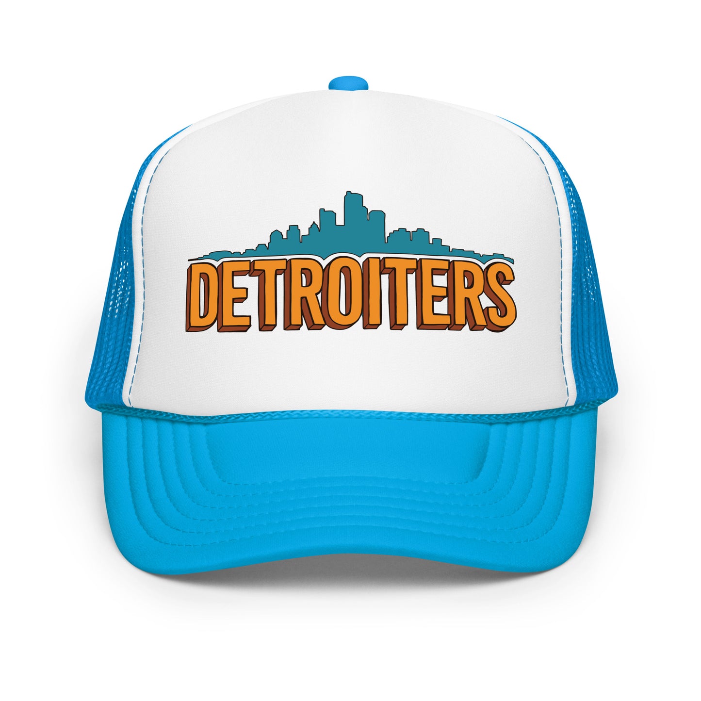 A blue and white foam trucker hat for tourists that says "Detroiters" in orange with an image of the Detroit skyline in blue.