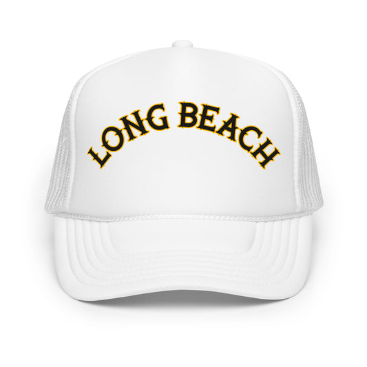A souvenir white retro foam trucker hat with the words Long beach in black and yellow.