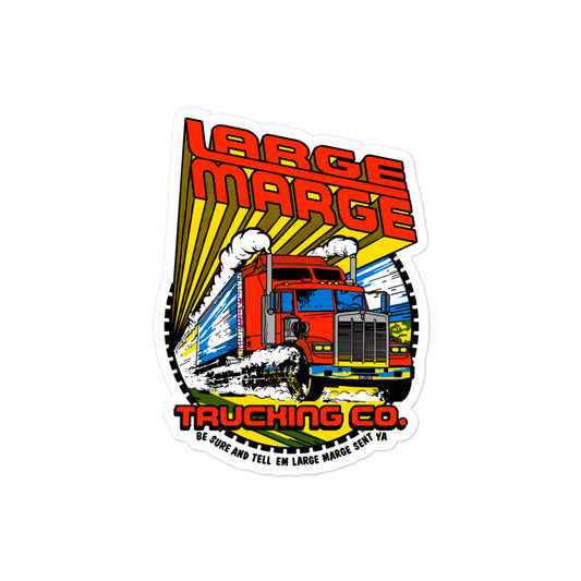 retro style sticker large marge trucking co text with yellow red and blue semi truck drawing from pee wees playhouse movie