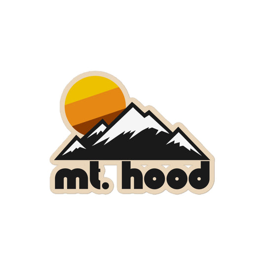 A retro Mt. Hood kiss cut sticker with the image of many mountains, peaked in snow, and a setting warm toned sun. References Mt. Hood Meadows Ski and Summer resort in Oregon.