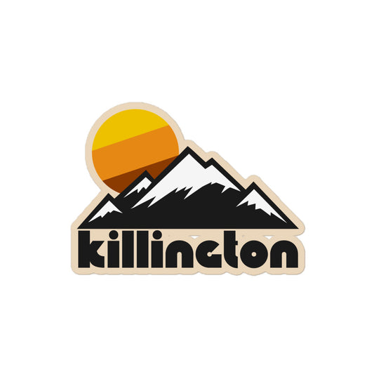 A retro Killington kiss cut sticker with the image of a mountain range with snow and a tricolored yellow, orange, and brown setting sun. References Kinnington Resort in Vermont, known for skiing, snowboarding, mountain biking, and golf.