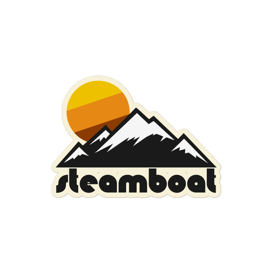 A "Steamboat" retro kiss cut sticker with the image of a mountainous landscape with the peaks all covered aesthetically in snow and a tricolored sun setting. References Colorado's Steamboat Ski Resort, family friendly and a famous vacation spot in the Rocky Mountains.