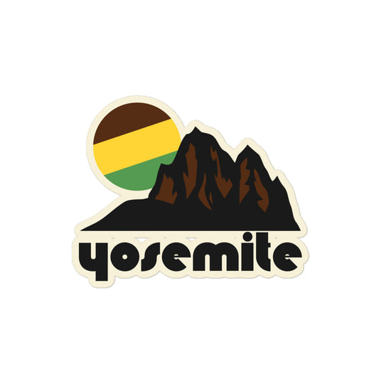A vintage Yosemite kiss cut sticker with the image of a brown mountain and a brown/yellow/green sun behind the landscape, referencing the national park in California's Sierra Nevadas known for its waterfalls, sequoia forests, and stunning mountains, as well as the location that deeply influence naturalist John Muir.