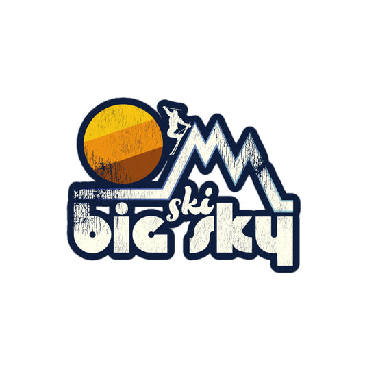 A retro "Ski Big Sky" souvenir kiss cut sticker with the image of a skier aesthetically skiing down one of many triangular mountain peaks in front of a circular sun. References Big Sky Resort near Bozeman, Montana in the Spanish Peaks Mountain Range.