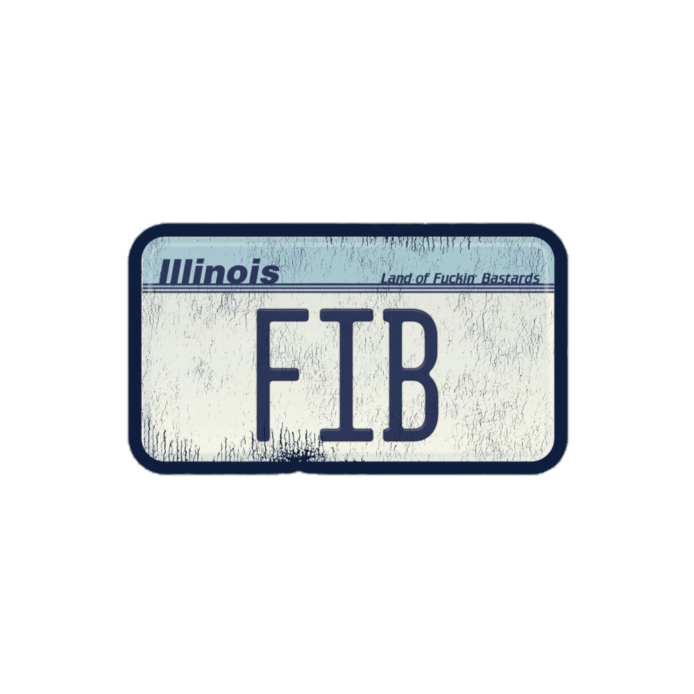 A souvenir retro kiss cut sticker shaped like an old, well used car license plate with the letters "FIB", the state "Illinois" and the phrase "Land of Fuckin' Bastards". References state rivalry between Illinois and Wisconsin and how people in WI say "Fucking Illinois Bastard" if someone cuts them off on the road.