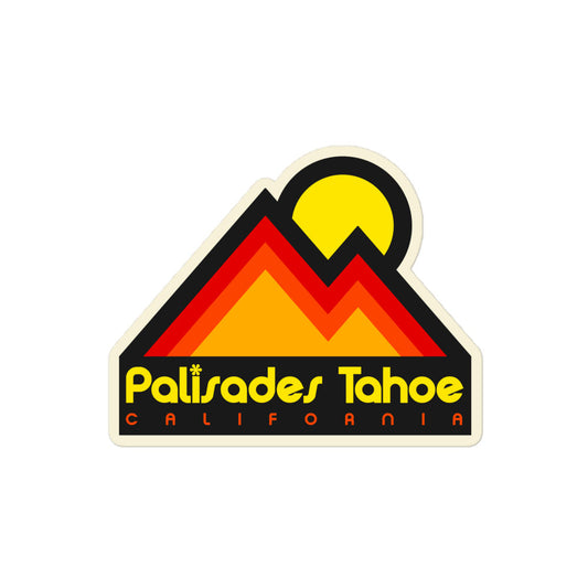 A vintage kiss cut sticker that says Palisades Tahoe, California with a star for the dot in the "i". Image of a red, orange, and yellow mountain range below the shining sun. References the ski resort in Olympic Valley, CA, nestled in the Sierra Nevada Mountains.