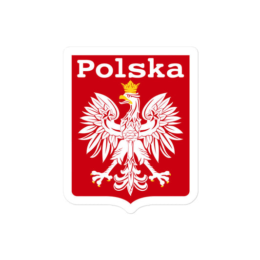 A Polska red and white vintage kiss-cut sticker with a white eagle with a golden crown, the national symbol of Poland, also found on the Polish coat of arms and Polish flag.