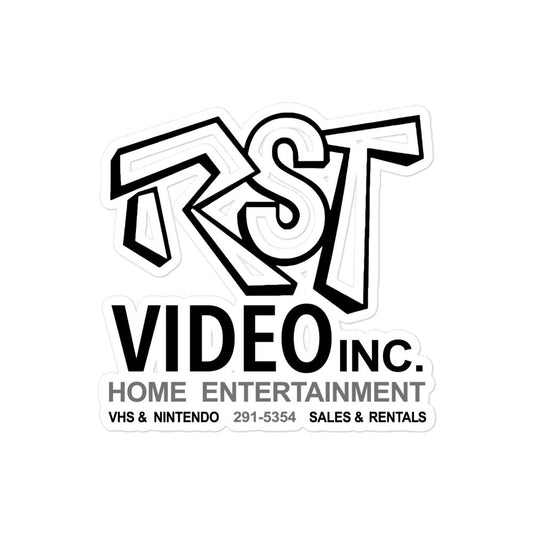 A vintage kiss-cut sticker that says "RST Video Inc. Home Entertainment", "VHS & NIntendo", the number "291-5354", and "Sales & Rentals".