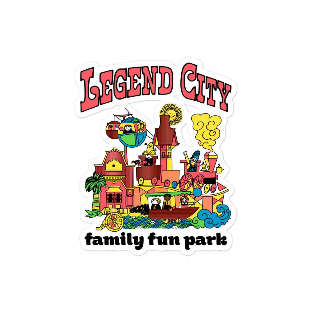 A retro kiss cut sticker that says "Legend City" and "family fun park" with images of people enjoying an amusement park, riding a boat, a cannon going "Boom", riding an elevated train, palm trees, a smiling sun, a ferris wheel, and cute pink buildings.