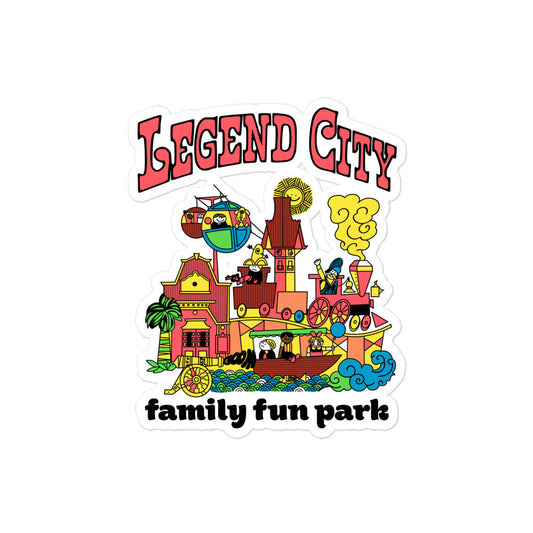 A retro kiss cut sticker that says "Legend City" and "family fun park" with images of people enjoying an amusement park, riding a boat, a cannon going "Boom", riding an elevated train, palm trees, a smiling sun, a ferris wheel, and cute pink buildings.