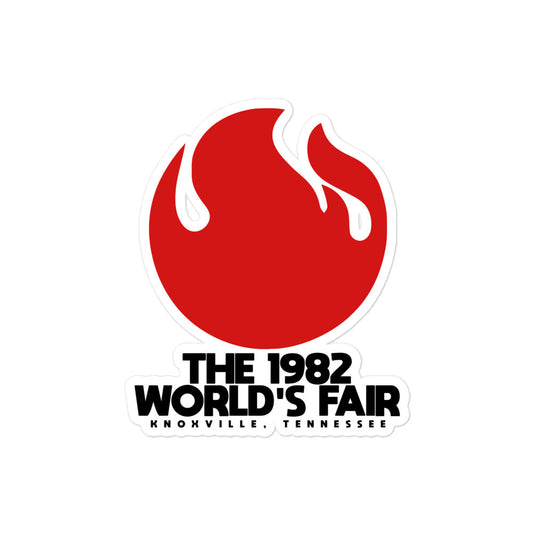 A retro kiss cut sticker of a red flame above the words "The 1982 World's Fair Knoxville, Tennessee".