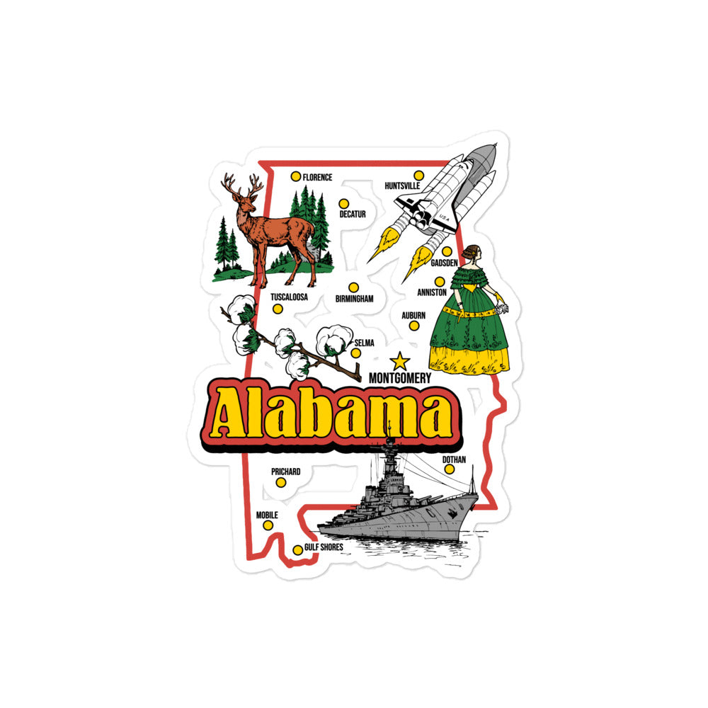 A vintage kiss cut sticker in white of a map of Alabama with a battleship, the outline of the state, a deer with antlers, a woman in ballgown, rocket ship, fir forest trees, and a cotton plant. Includes the cities Florence, Huntsville, Decatur, Tuscaloosa, Birmingham, Auburn, Anniston, Gadsden, Selma, Dothan, Prichard, Mobile, Gulf Shores, and the capital Montgomery.