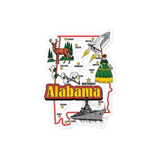 A vintage kiss cut sticker in white of a map of Alabama with a battleship, the outline of the state, a deer with antlers, a woman in ballgown, rocket ship, fir forest trees, and a cotton plant. Includes the cities Florence, Huntsville, Decatur, Tuscaloosa, Birmingham, Auburn, Anniston, Gadsden, Selma, Dothan, Prichard, Mobile, Gulf Shores, and the capital Montgomery.