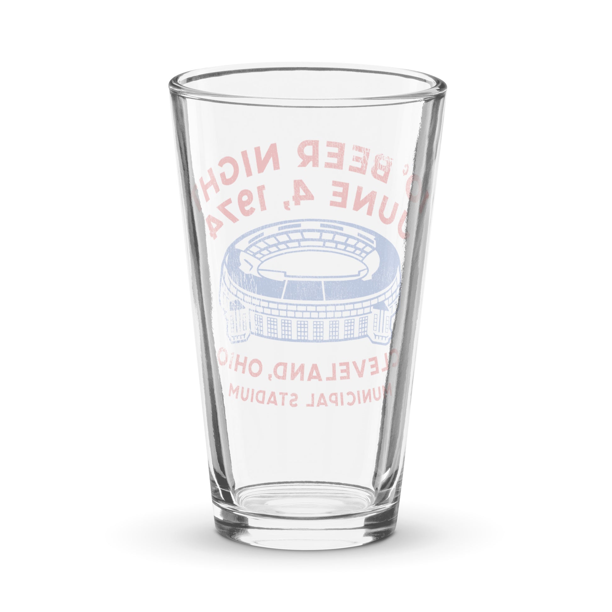 The back of a Municipal Stadium shaker pint glass that holds 16 oz which says 10¢ Beer Night, June 4, 1974, and Cleveland, Ohio. Image of the stadium, also known as Cleveland Stadium or Lakefront Stadium, where the Cleveland Indians nad Cleveland Browns played. Has an image of the multipurpose baseball and football stadium in blue. Refers to the infamous game marketed with 10 cent beers that turned into an unruly behavior riot.