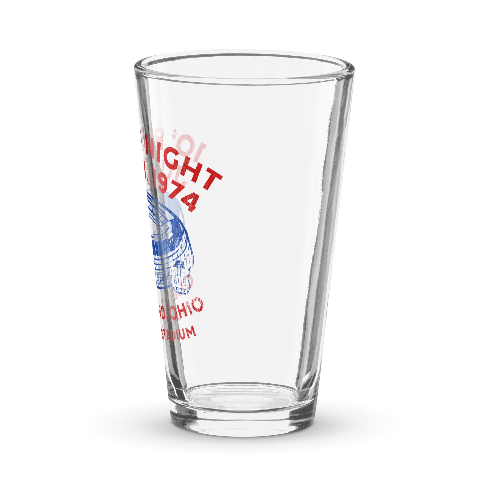 The side of a 16 oz shaker pint glass which says 10¢ Beer Night referring to the June 4, 1974 promoted night in Cleveland, Ohio at the Municipal Stadium between the Cleveland Indians and the Texas Rangers which infamously ended in chaos. Image of the multipurpose Cleveland Municipal Stadium in blue.