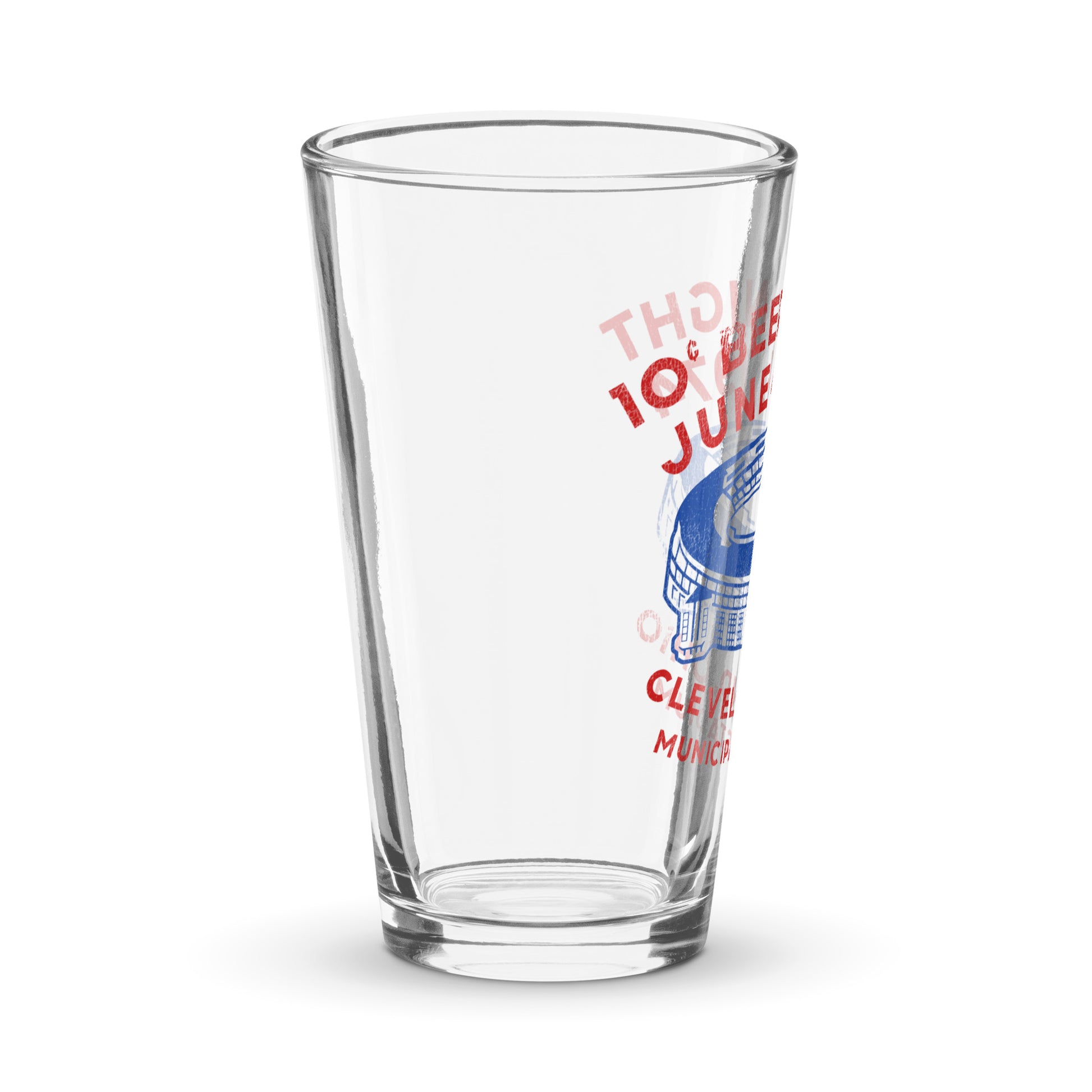 The side of a retro 10¢ Beer Night 16 oz shaker pint glass. References the infamous promotion of the Indians vs. Rangers MLB game on June 4, 1974 in Cleveland, Ohio at the Municipal Stadium, with an image of the multipurpose stadium in blue. Ended in a forfeit due to unruly fan behavior and mob violence where baseball players used their bats to try to protect themselves.