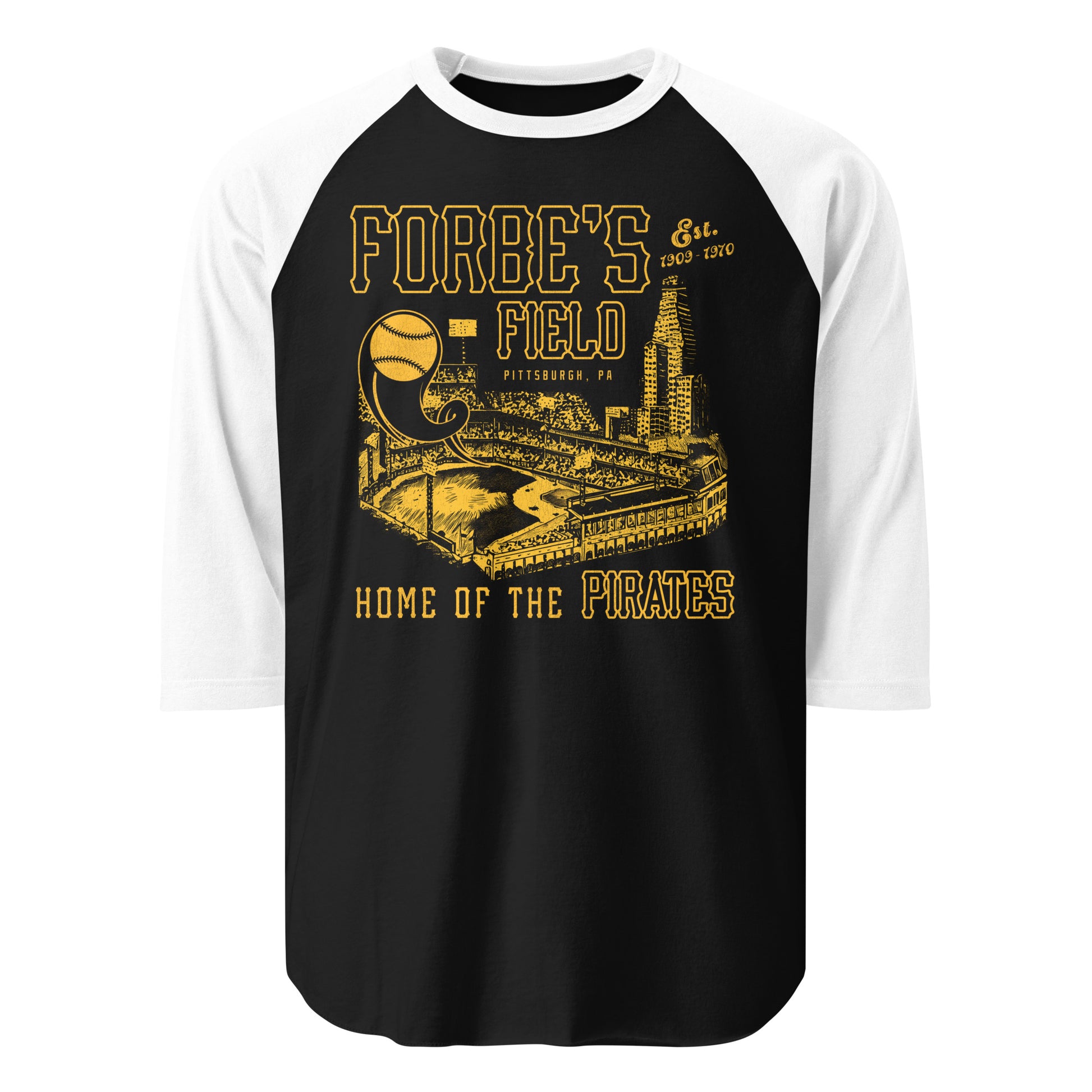 A three quarter sleeve, raglan style black and white Forbe's Field t-shirt which says "Est. 1909-1970" and "Pittsburgh, PA". Image of the baseball stadium, the "Home of the Pirates", and the Cathedral of Learning iconic tourist attraction in the distance, and a home run baseball flying through the skies. Colors are black and gold, the colors of the Steelers and the Pirates.