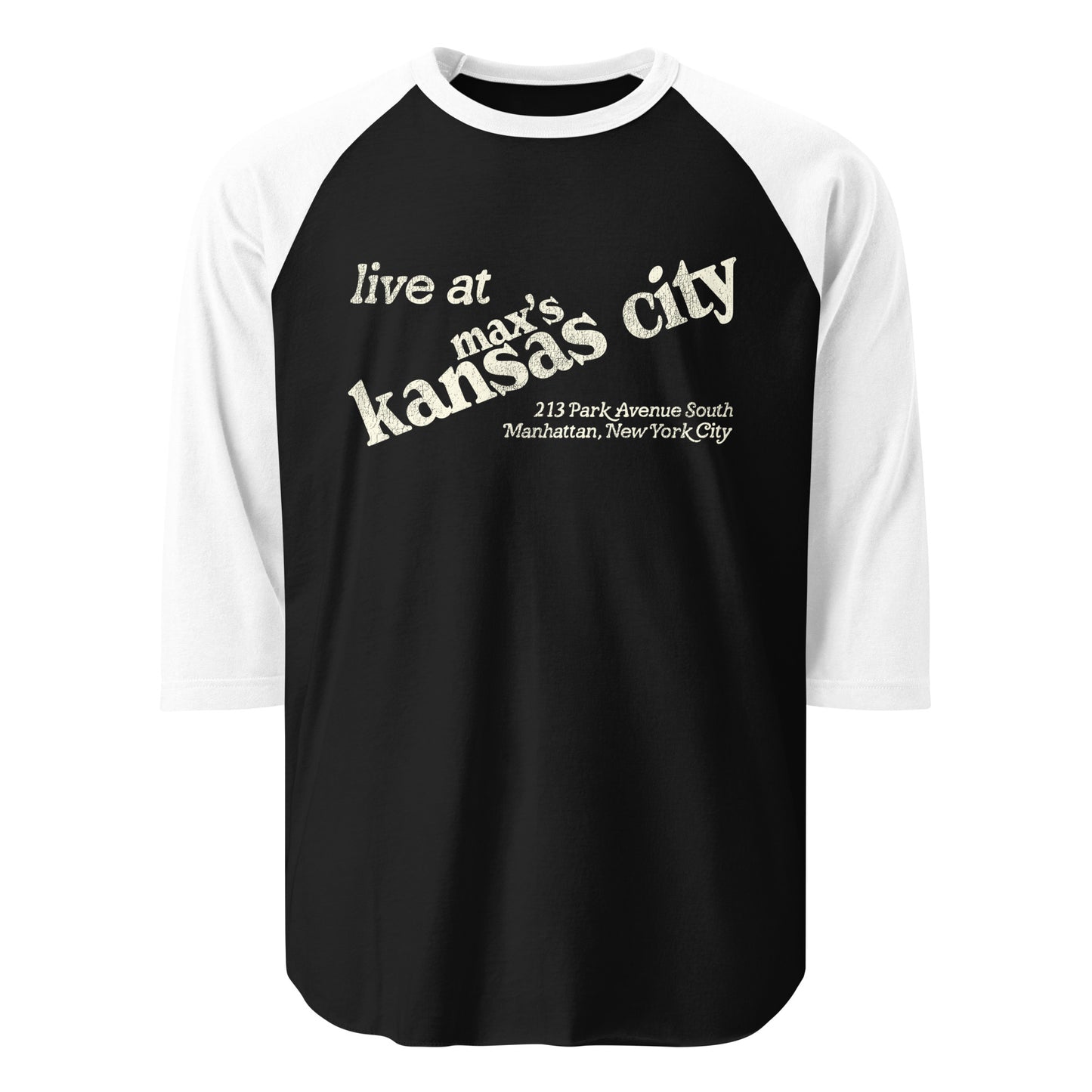 A retro three quarter sleeve black and white Max's Kansas City hoodie sweatshirt that says "live at Max's Kansas City" and "213 Park Avenue South, Manhattan, New York City" in reference to the 60s, 70s, and 80s nightclub opened by Mickey Ruskin.