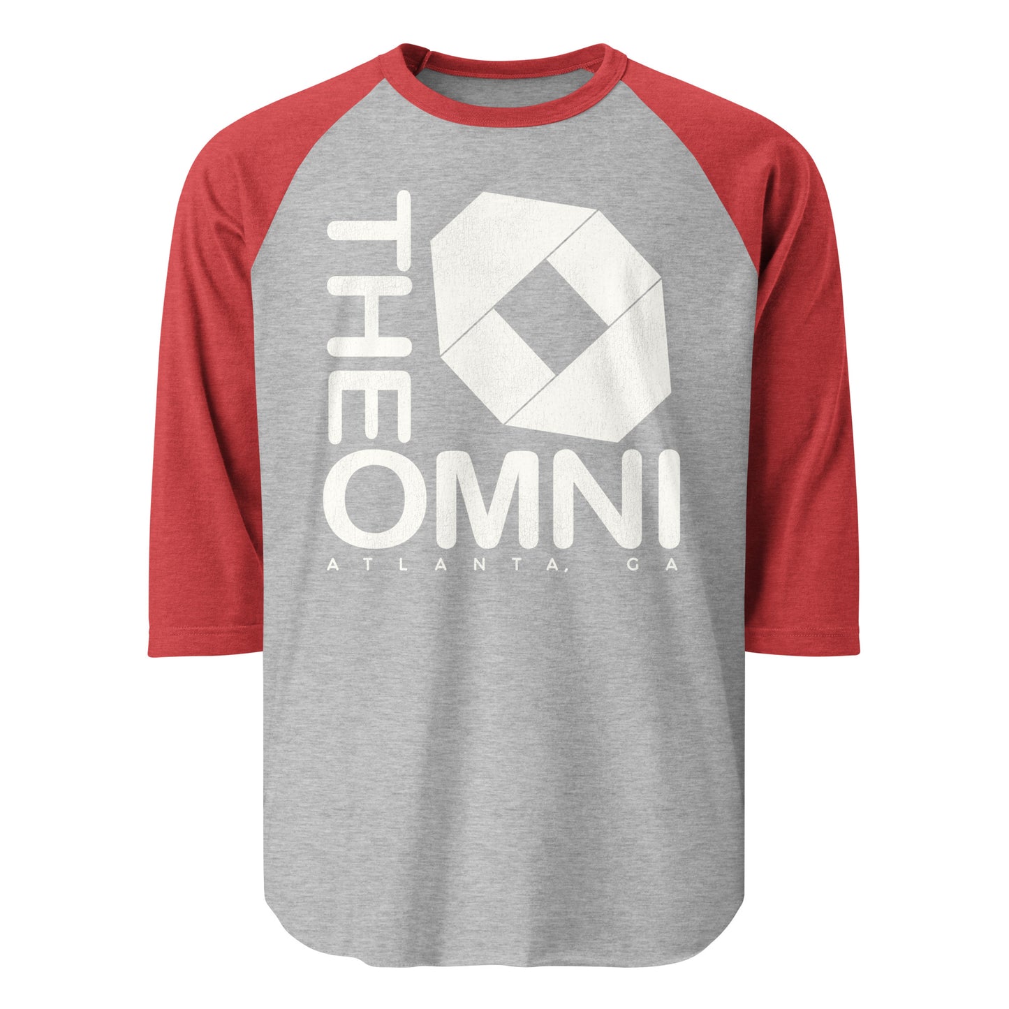 A 3/4 sleeve red and heather gray tourist shirt with the words "The Omni" and "Atlanta, GA". References the Omni Coliseum from the 70s, 80s, and 90s with an image of the logo which was the unique seating arrangement in the building.