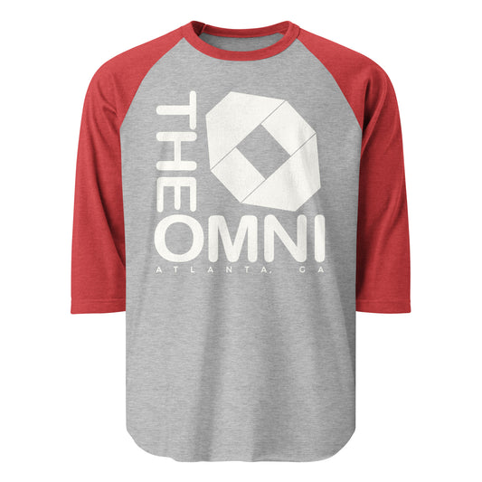 A 3/4 sleeve red and heather gray tourist shirt with the words "The Omni" and "Atlanta, GA". References the Omni Coliseum from the 70s, 80s, and 90s with an image of the logo which was the unique seating arrangement in the building.