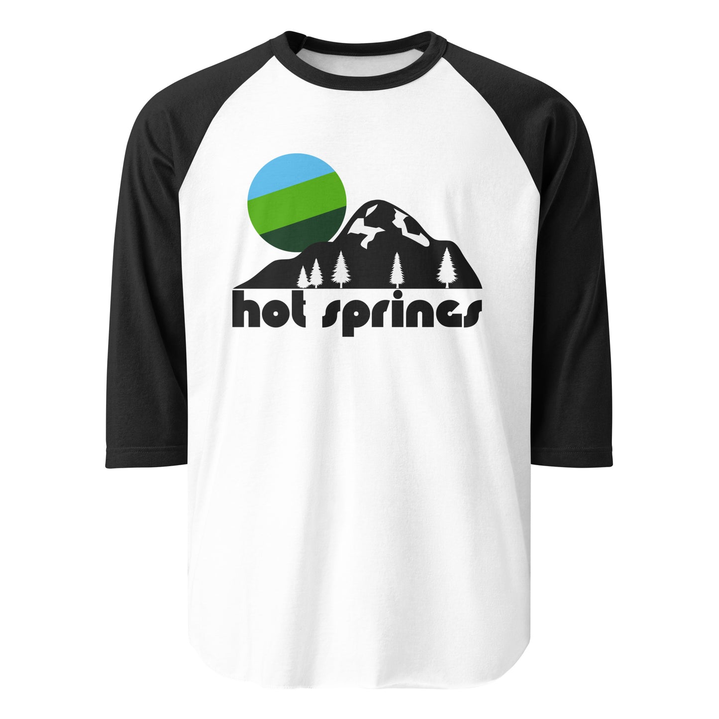 A three quarter sleeve black and white retro raglan style shirt that says 'hot springs' underneath the image of a mountain, pine tree forest, and a green and blue stylized, striped sun. In reference to the national park in Garland County, Arkansas, near the city of Hot Springs, originally Hot Springs Reservation, nicknamed "The American Spa", the thermal waters believed to have medicinal and healing properties.