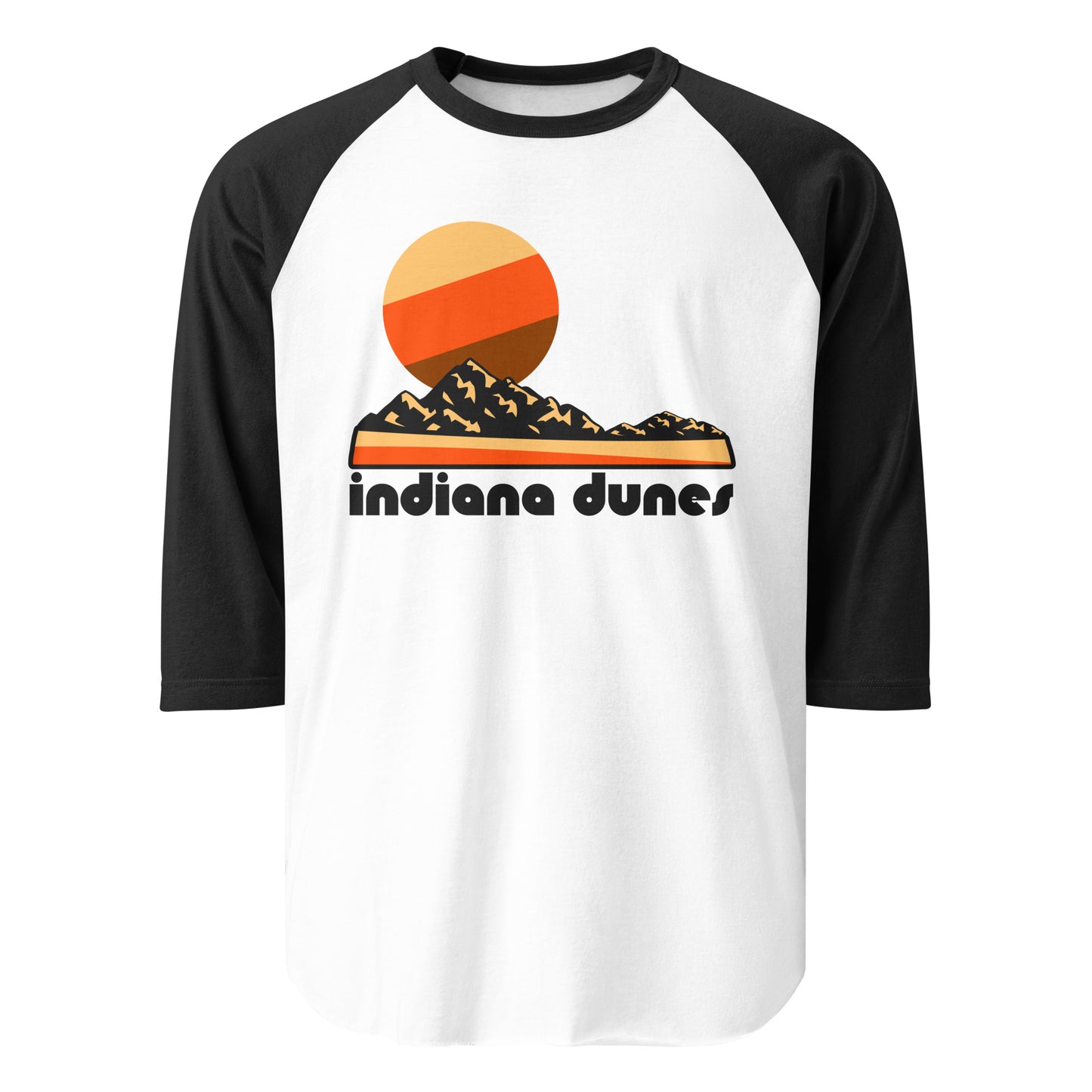 A 3/4 sleeve black and white retro raglan style shirt that reads 'indiana dunes'. Includes the image of a beach, some rocky landforms, and a striped sun, all in warm orange, brown, and yellow tones, representative of Indiana Dunes National Park on the shores of Lake Michigan, known for its beautiful hiking and camping.
