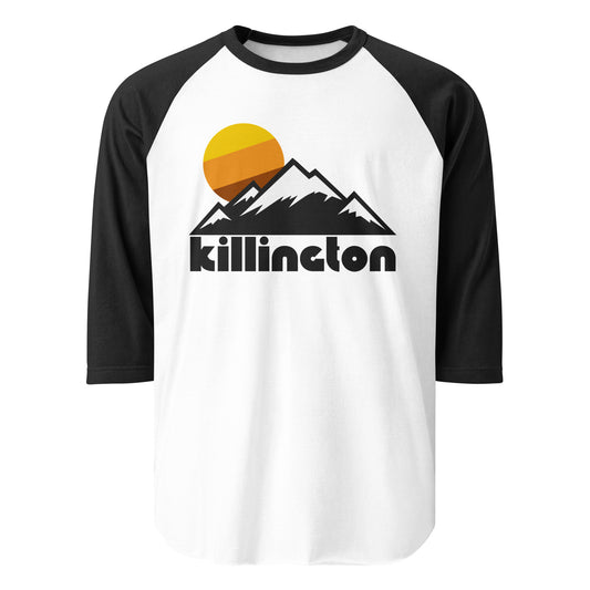 A retro raglan style black and white three quarter sleeve shirt which reads "killington" in bold letters underneath the image of a snowy mountain range, representative of Vermont's Green Mountains, and a beautiful warm colored setting sun. References Killington Resort, popular for skiing, snowboarding, mountain biking, and golfing, and with an iconic nickname: the beast of the east.