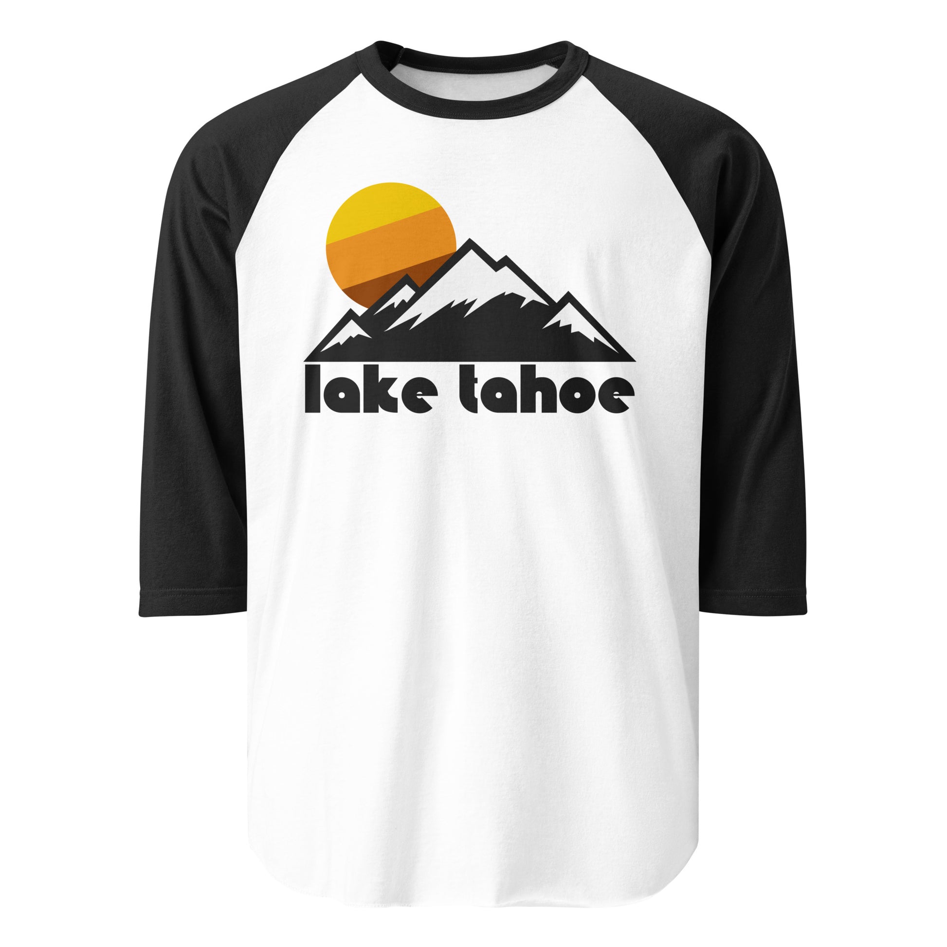 A black and white three quarter sleeve retro raglan style Lake Tahoe shirt with the image of a mountain range, all snowy, and a setting colorful sun. References the freshwater lake on the boarder of California and Nevada, one of the top destinations in the US for outdoor activities, from hiking to skiing.