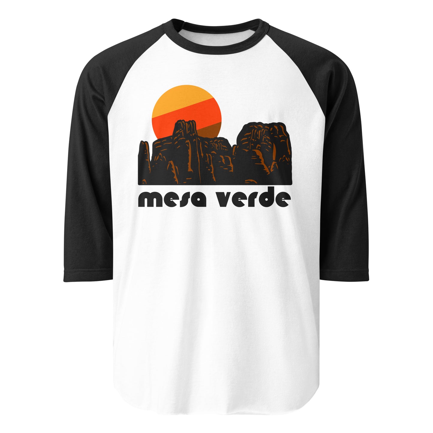 A black and white three quarter sleeve retro raglan style shirt with the image of a red rock/granite landscape, one you may find in the American Southwest, and a bright, warm colored sun setting behind the spires and rocks. References Colorado's Mesa Verde National Park in Montezuma County which protects the archeological sites, cliff dwellings, mesa top sites, and structures originally made from the Ancestral Pueblo people thousands of years ago.