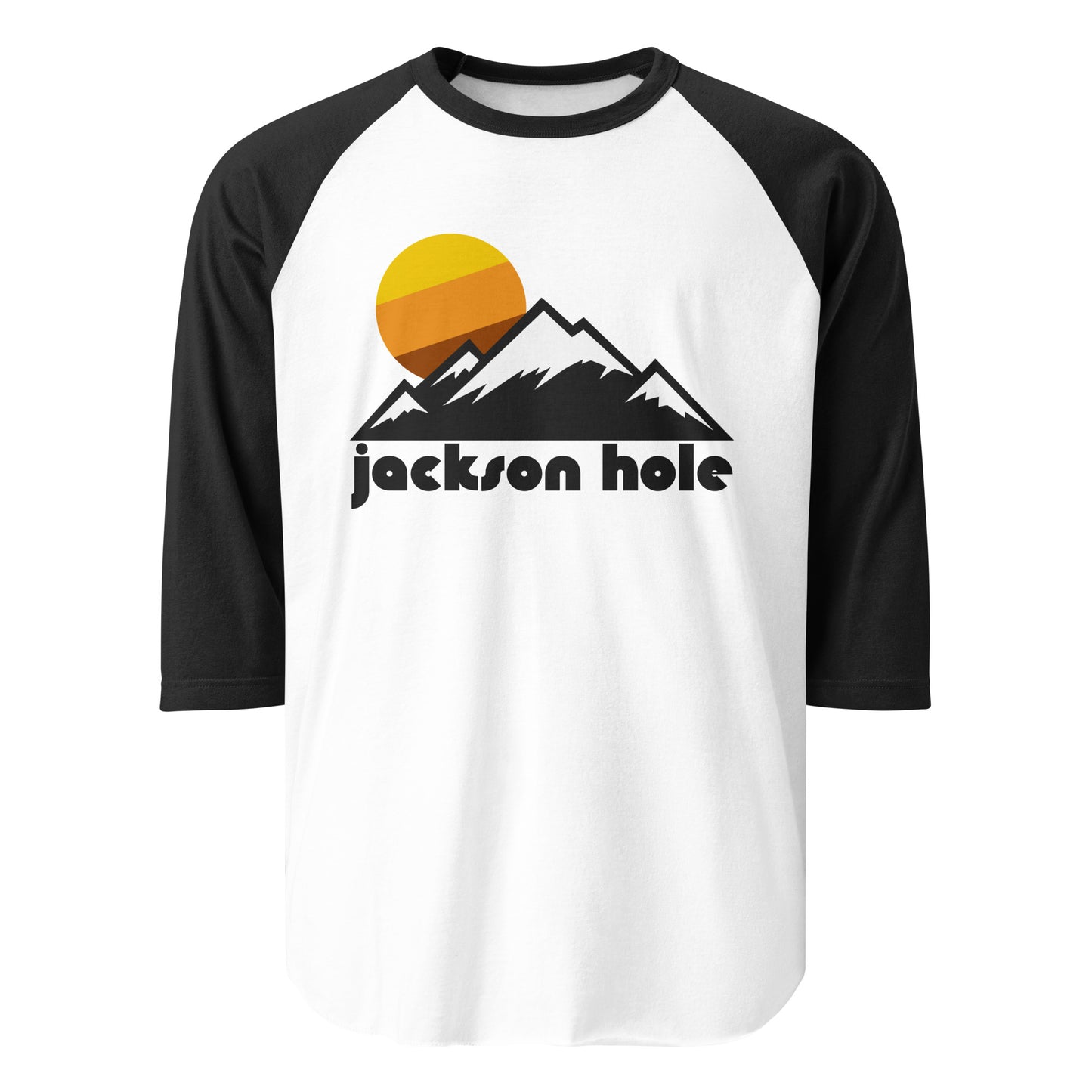 An 80s style black and white, three quarter sleeve raglan shirt that reads "jackson hole" underneath the image of a mountains, their peaks all covered in snow, and a tricolored yellow/orange/brown sun rising behind. References Jackson Hole, Wyoming and the Jackson Hole Mountain Resort, famous for skiers and snowboarders in the Teton Range.