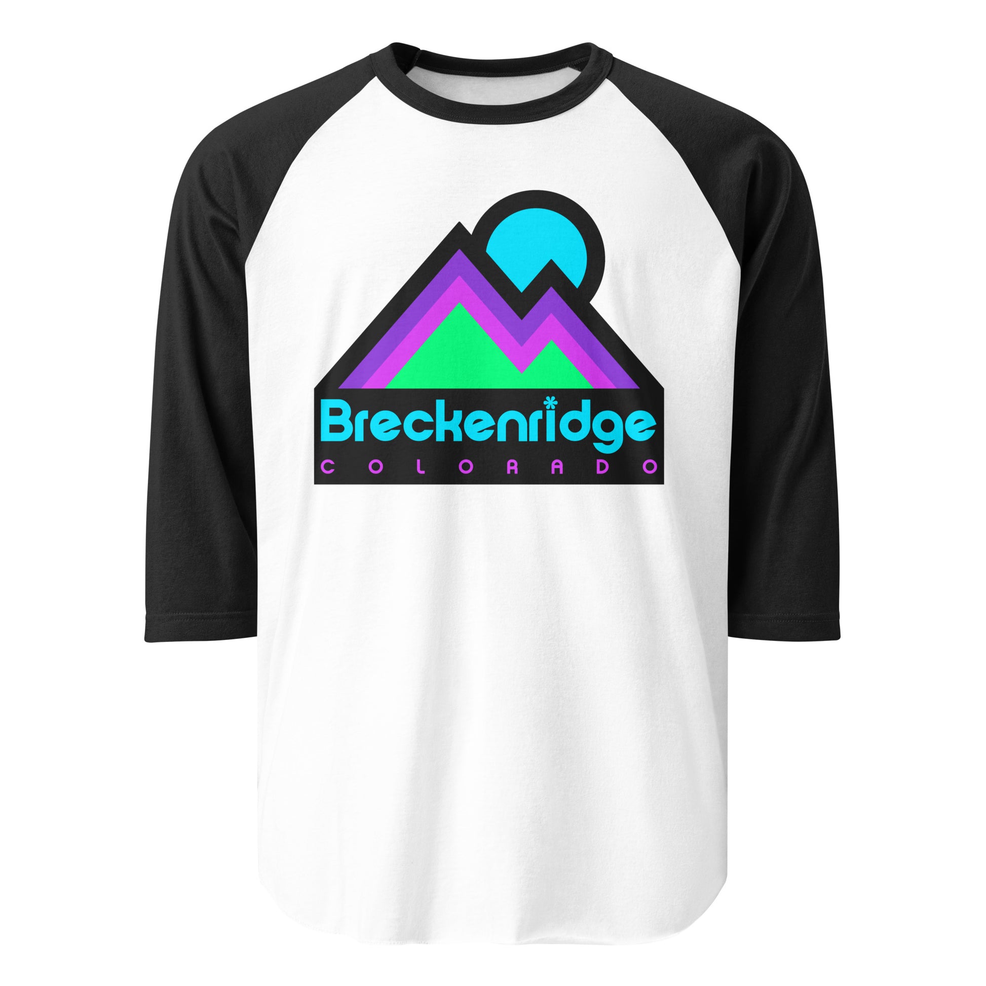 A 3/4 sleeve raglan style retro white and black shirt that says "Breckenridge, Colorado", a ski resort in the Colorado Rocky Mountain Range. Images of purple, pink, and mint green mountains under a neon blue sun.