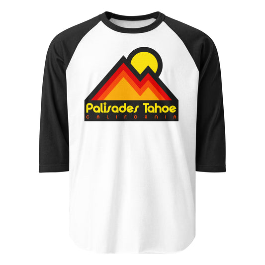 A three quarter sleeve white and black retro raglan style shirt that says Palisades Tahoe California, in reference to the ski and snowboard resort that hosted the 1960 Winter Olympics. Image of two mountain peaks and a sun, referencing the Sierra Nevada Mountain Range.