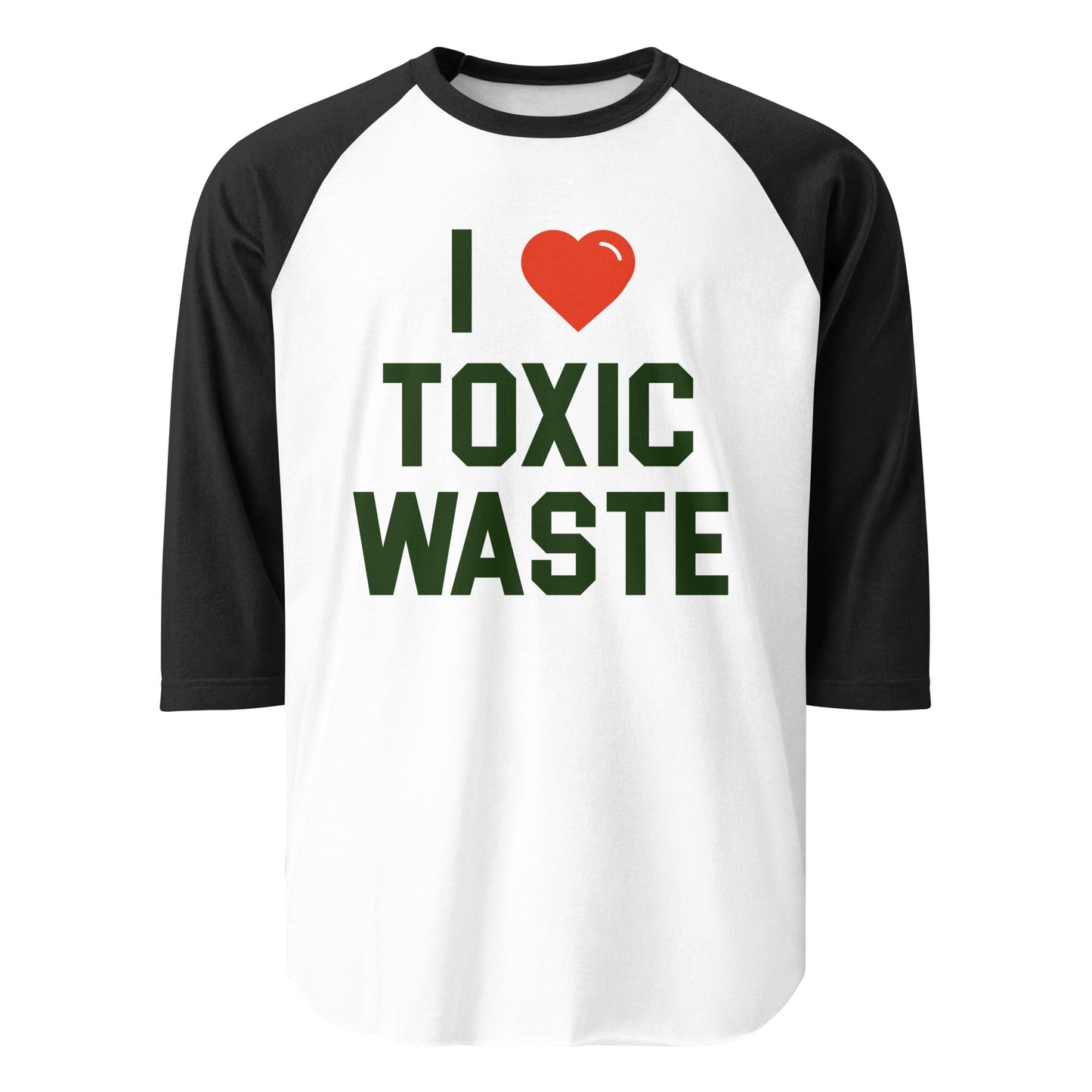 A three quarter sleeve retro raglan style black and white shirt that says "I Heart Toxic Waste" with an image of a red heart. Worn by the character Chris Night in the 1985 movie "Real Genius" starring Val Kilmer.