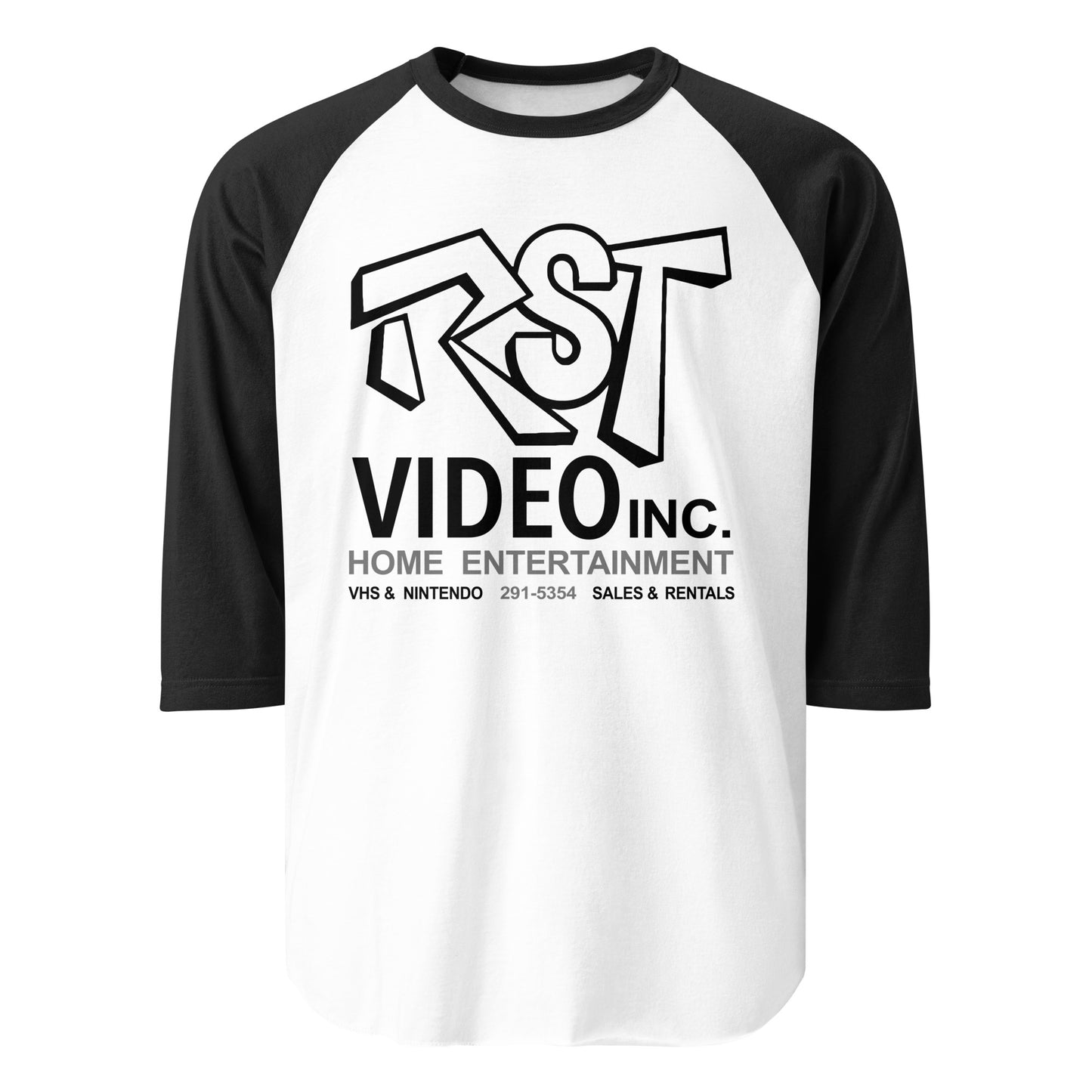 A three quarter sleeve travel black and white raglan style shirt with the letters RST in bold block bubble letters. Also says "Video Inc." in large letters. Says "Home Entertainment", "VHS & Nintendo", and phone number "291-5354", and "Sales & Rentals."