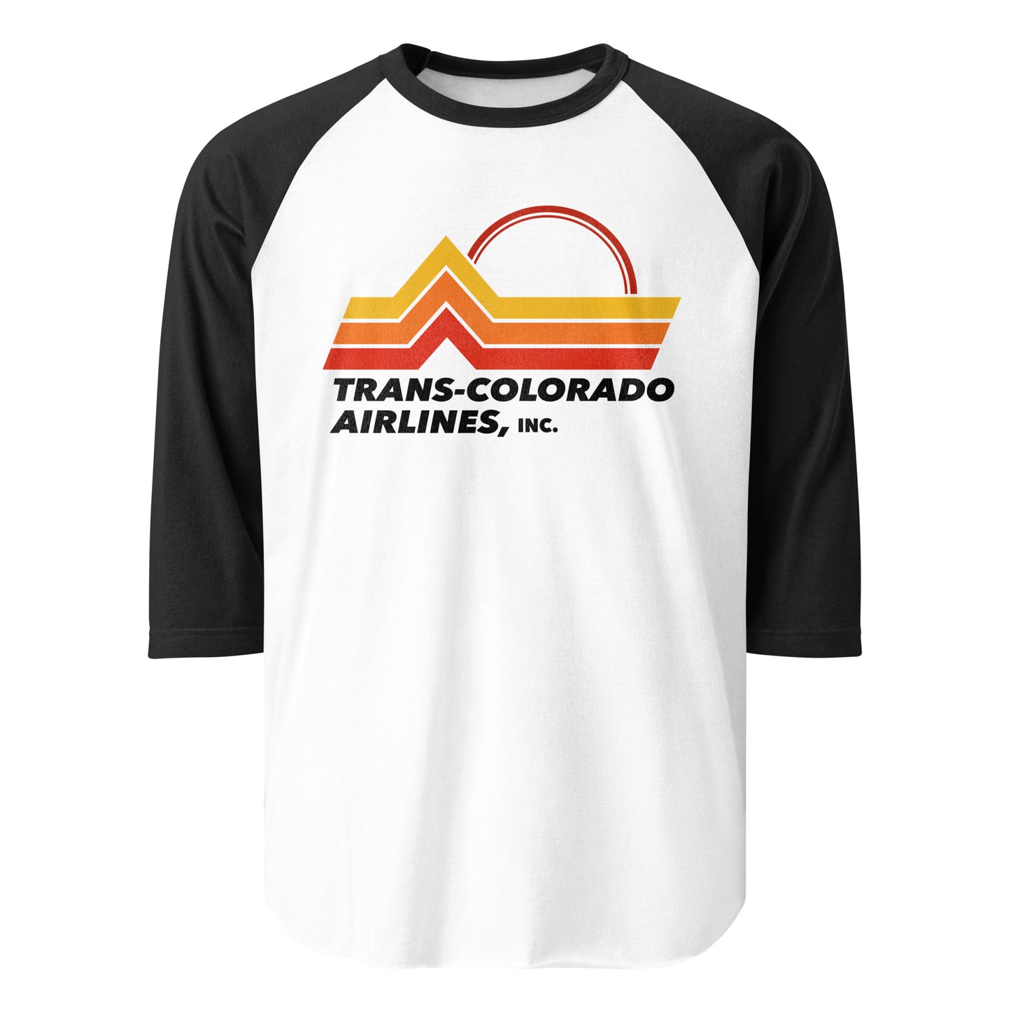 A three quarter sleeve white and black retro raglan style shirt that says Trans-Colorado Airlines, Inc, a 1980s airplane company, with a mountain landscape image and a red rising sun.