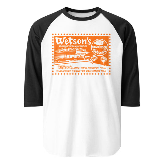 A travel three quarter sleeve black and white vintage shirt that reads Wetson's Look for the Orange Circles with a burger joint picture that says "Wetson's" with a sign reading "15 cent Hamburgers Wetson's" and "buy a bagful" and "US Finest". The shirt states "Wetson's... Quality Food at Discount Prices 70 locations in the New York Greater Metro Area." 1950s-1970s hamburger restaurant.