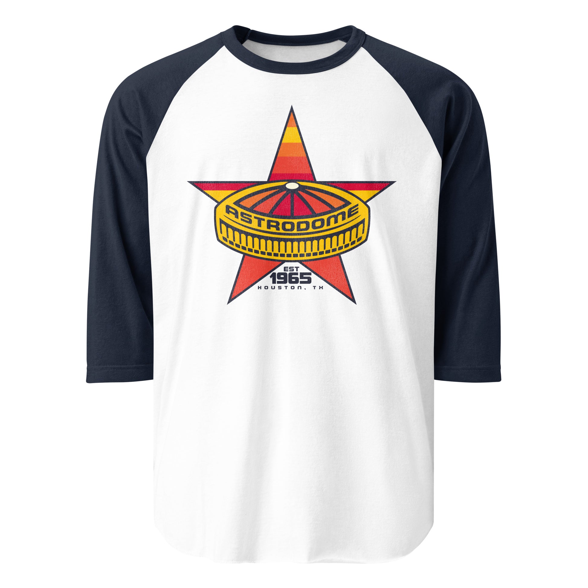 An 80s style 3/4 sleeved raglan style navy and white Astrodome shirt. Says "Est. 1965" and "Houston, TX". Graphic of the stadium in yellow with a domed roof of orange, pink, and red on top of an orange, pink, yellow, and red star.