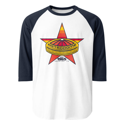 An 80s style 3/4 sleeved raglan style navy and white Astrodome shirt. Says "Est. 1965" and "Houston, TX". Graphic of the stadium in yellow with a domed roof of orange, pink, and red on top of an orange, pink, yellow, and red star.