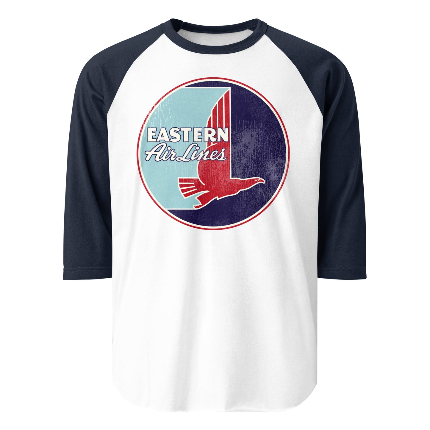A three quarter sleeve retro raglan style navy and white shirt that says "Eastern Air Lines", the original iconic "hockey stick" logo, with a red falcon.