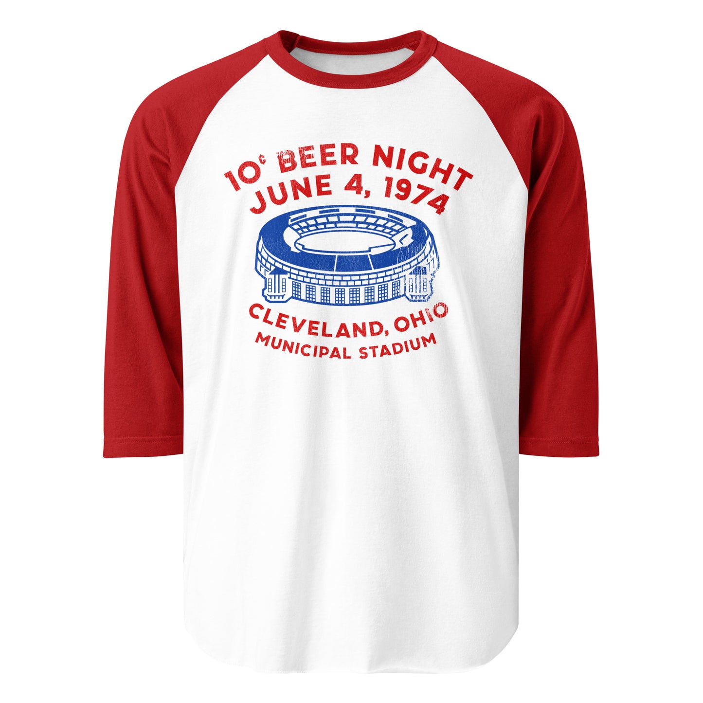 A three quarter sleeve raglan style retro shirt with the colors red and navy blue, the same as the Cleveland Indians. Says '10 Cent Beer Night' in reference to the legendary fiasco at the Rangers v Indians baseball game at Municipal Stadium in Cleveland Ohio on June 4, 1974, where players had to defend themselves to to raucous baseball fan behavior. Image of the baseball stadium, also known as the Lakefront Stadium, home of the Cleveland Indians and Cleveland Browns.