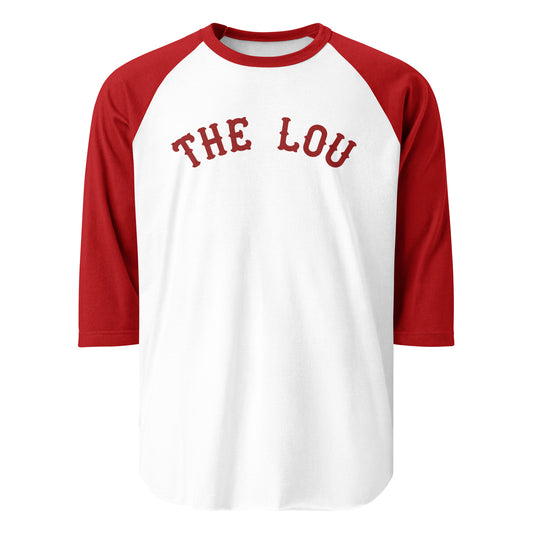 A 3/4 sleeve raglan retro style white and red shirt that says "The Lou" about St. Louis and MLB team The Cardinals.