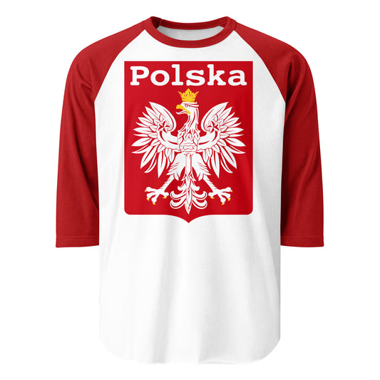 A red and white vintage raglan style three quarters sleeve shirt for travel. Has red block with the word Polska (Poland) and the Polish coat of arms image, a white eagle looking to the side with a yellow beak and crown.