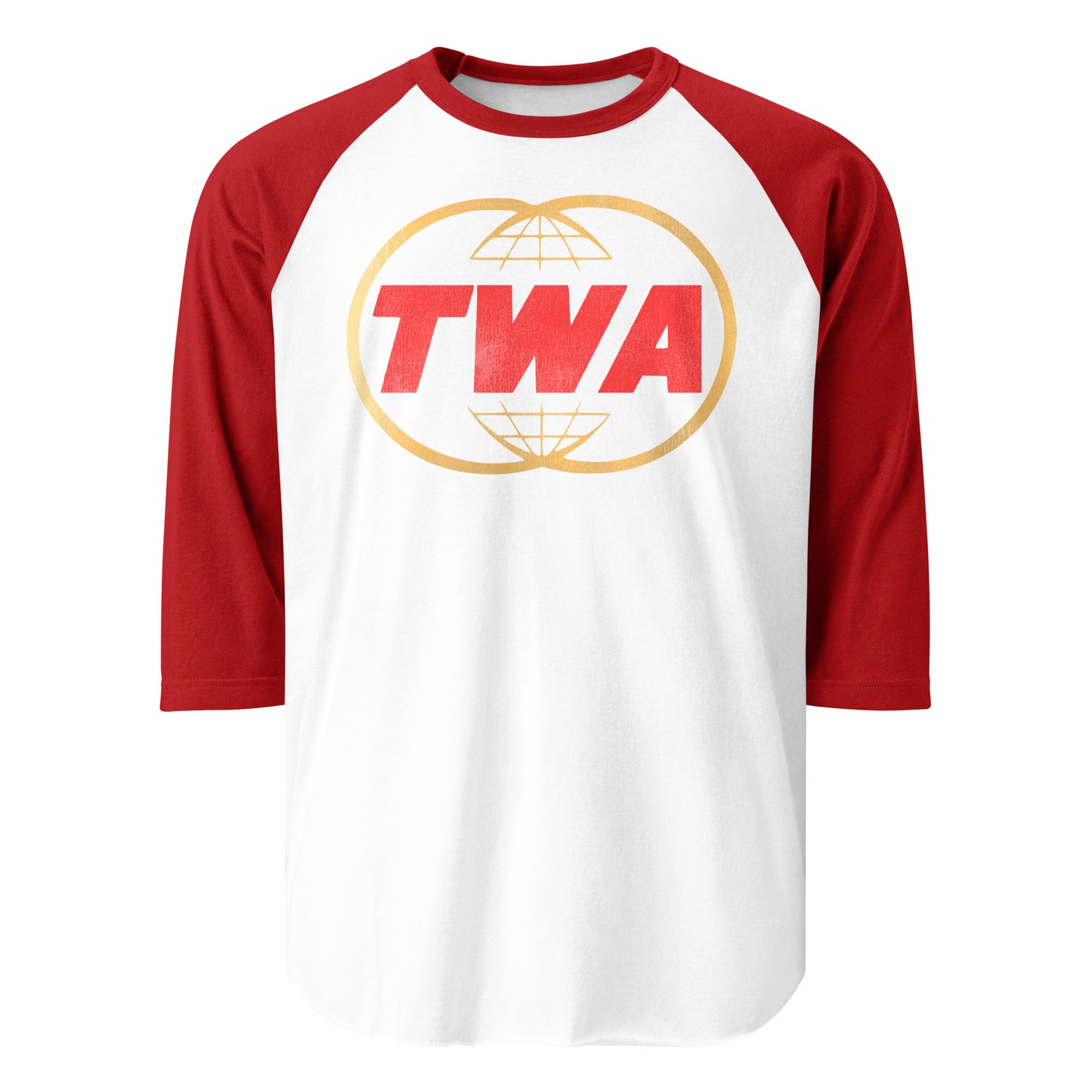 A red and white three quarter sleeve raglan style tourist shirt that says "TWA" with two circles overlapping.