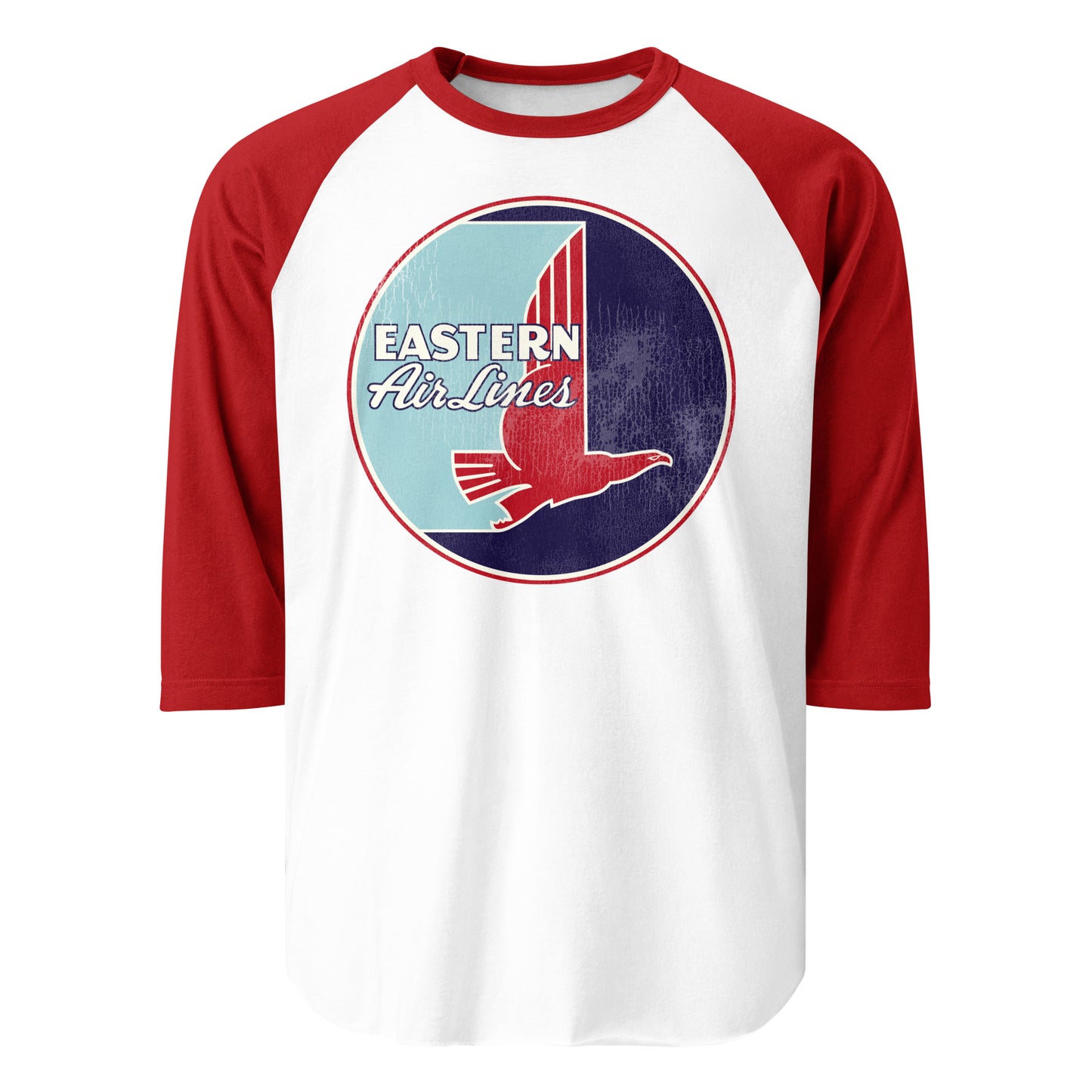 A red and white three quarter sleeved raglan retro shirt with the Eastern Air Lines logo including a red falcon often referred to as a hockey stick.