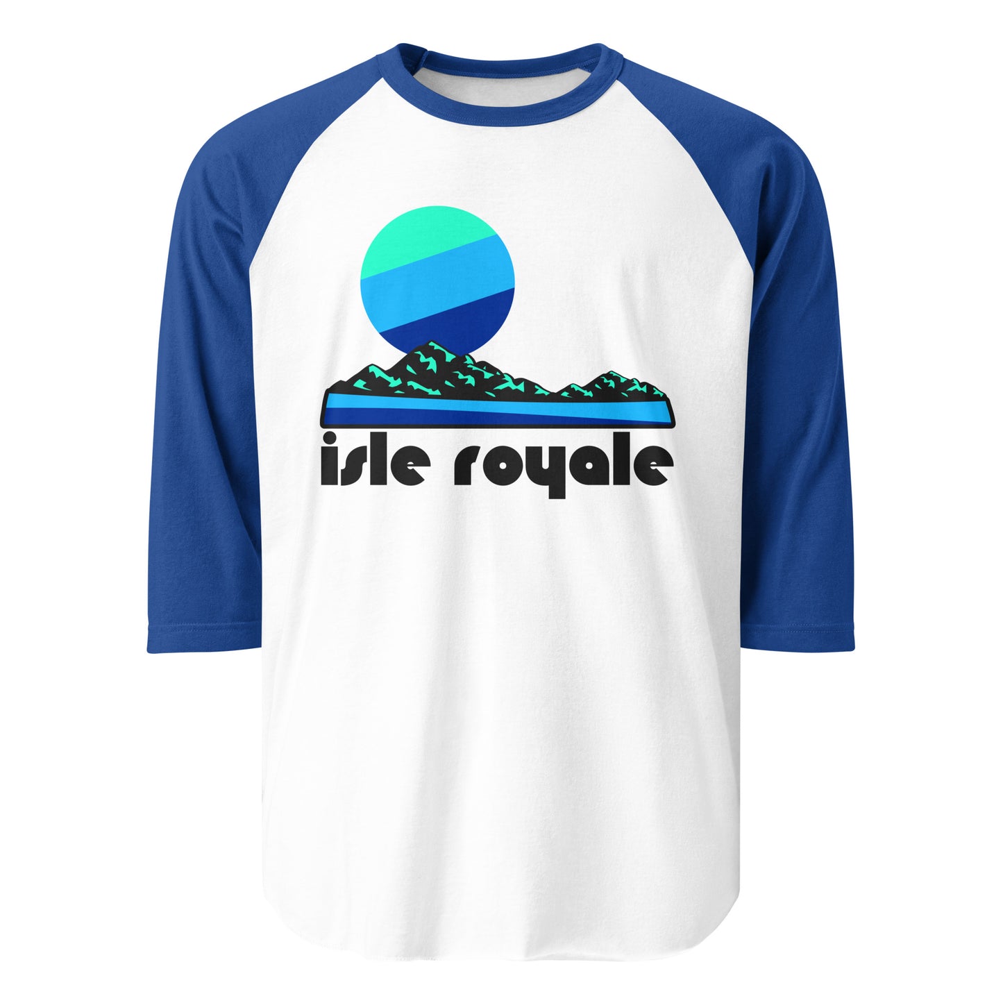 A white and royal blue 3/4 sleeve retro raglan style shirt with a mint green, blue, and navy image of a waterfront landscape complete with rocky hills and a striped aesthetic sun setting. In reference to Lake Superior's Isle Royale National Park, made up of many stunning islands, popular destinations for hikers, backpackers, boaters, and adventurers, and known for its large populations of timber wolves and moose.
