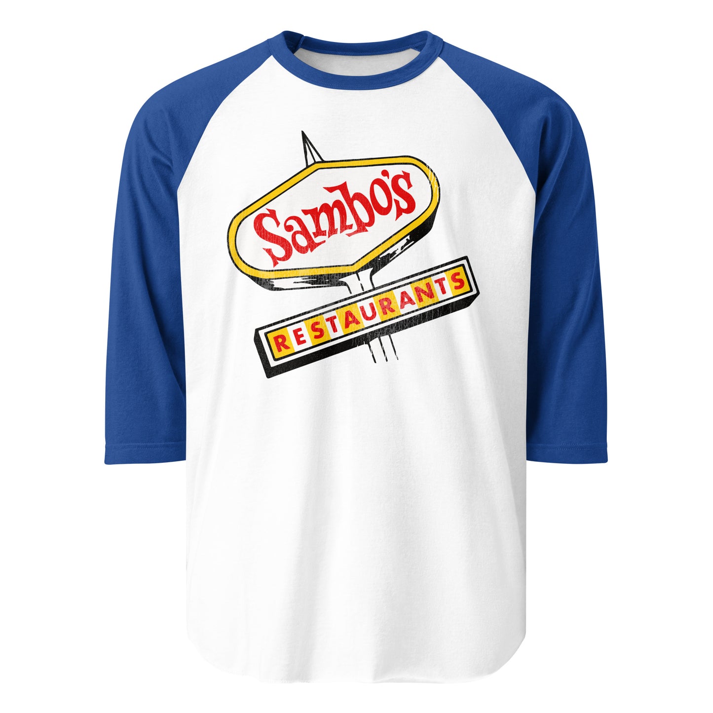 A three quarter sleeve blue and white retro style shirt that says "Sambo's Restaurants" on the image of a street sign referencing the restaurant chain that served family style food.