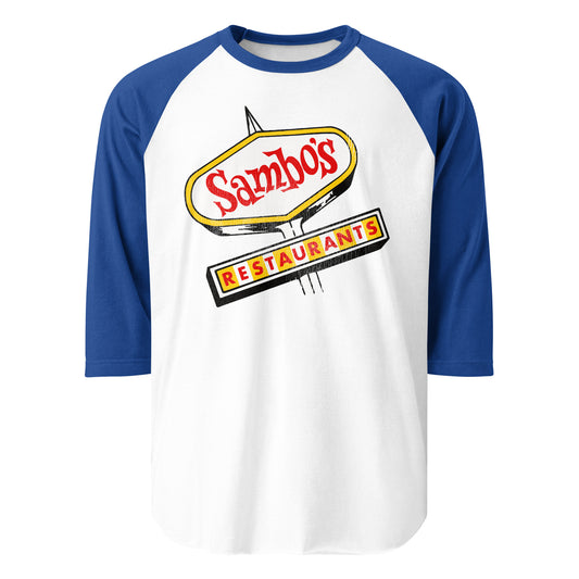 A three quarter sleeve blue and white retro style shirt that says "Sambo's Restaurants" on the image of a street sign referencing the restaurant chain that served family style food.