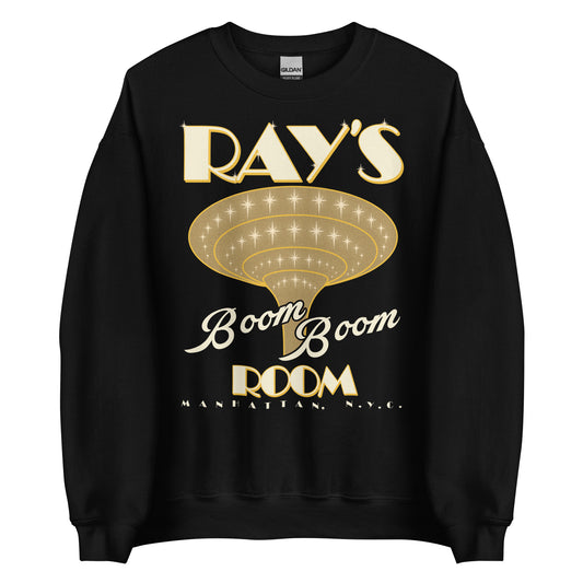 A black crew neck sweatshirt with text 'Ray's Boom Boom Room' and 'Manhattan, NYC' in gold and a funnel with stars and spirals. From the 90s movie Life, referencing the movie Harlem Nights, spoken by Eddie Murphy playing Rayford Gibson.